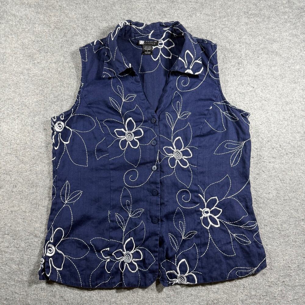Vintage 90s Carole Little Linen Blouse Womens L Navy Floral Embroidered Button